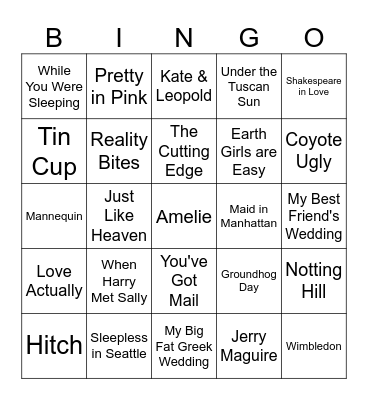 90's-00's Rom-Com Challenge Bingo Card