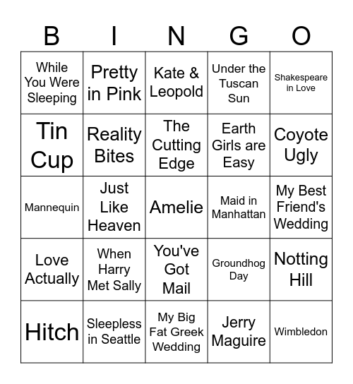 90's-00's Rom-Com Challenge Bingo Card