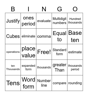 Place Value Comparing Numbers Bingo Card