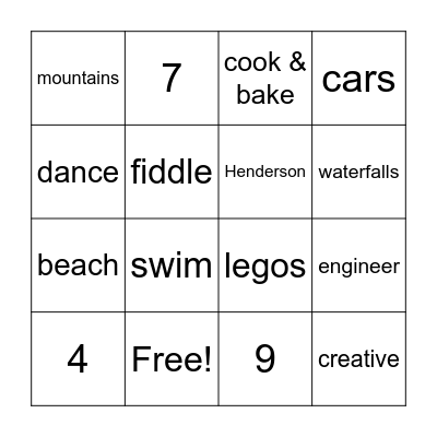 Henderson's Bingo Card