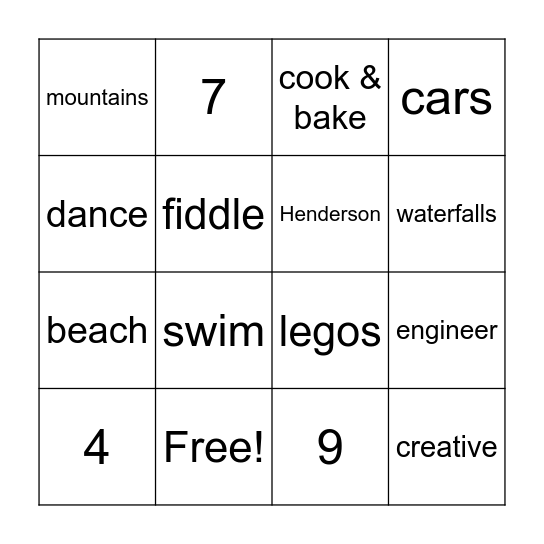 Henderson's Bingo Card