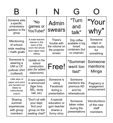Back to School PD Meeting Bingo Card
