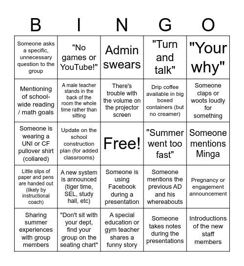 Back to School PD Meeting Bingo Card