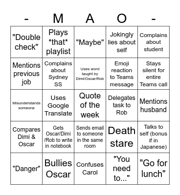 Mao Bingo Card