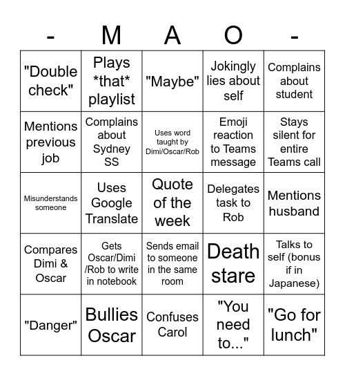 Mao Bingo Card