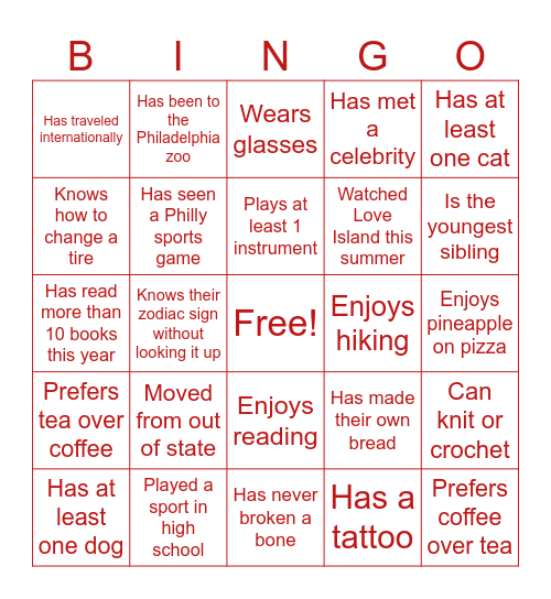 School Psych Icebreakers Bingo Card