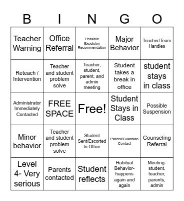 Behavior- Student Handbook Bingo Card