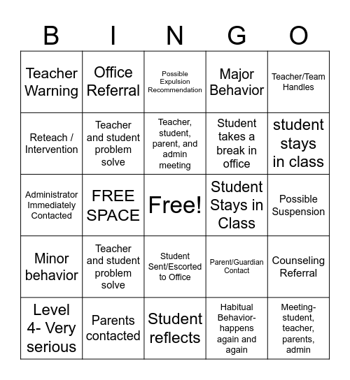 Behavior- Student Handbook Bingo Card
