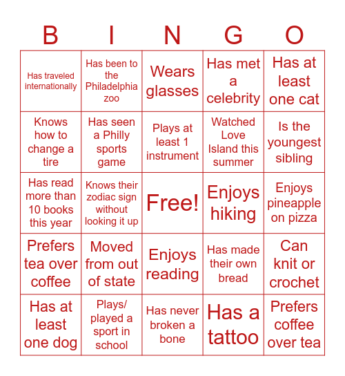School Psych Icebreakers Bingo Card