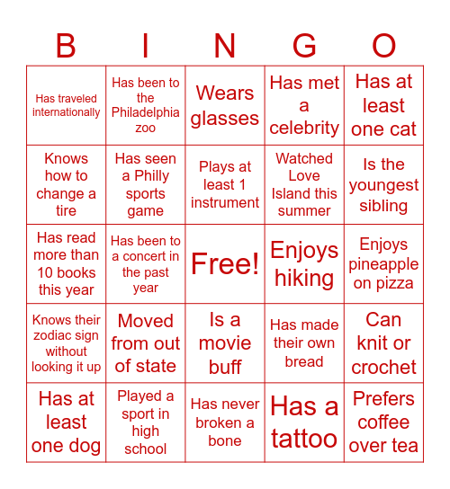 School Psych Icebreakers Bingo Card