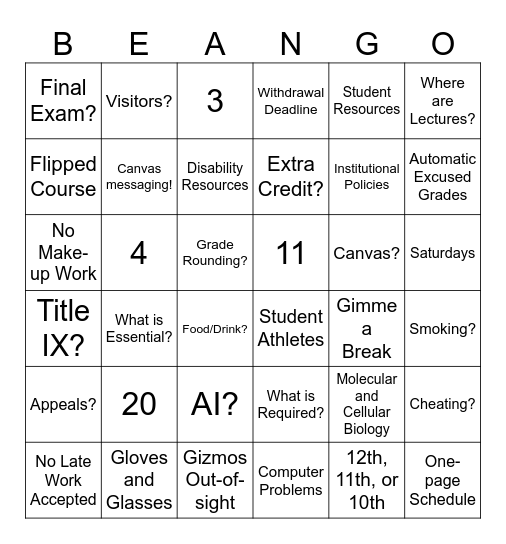 Syllabus Beango! Bingo Card
