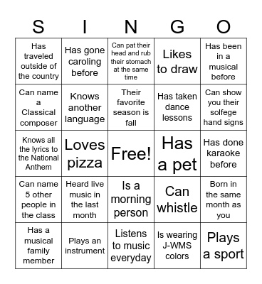 Choir Get-To-Know-You Bingo! Bingo Card