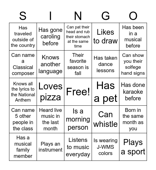 Choir Get-To-Know-You Bingo! Bingo Card