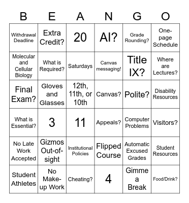 Syllabus Beango! Bingo Card
