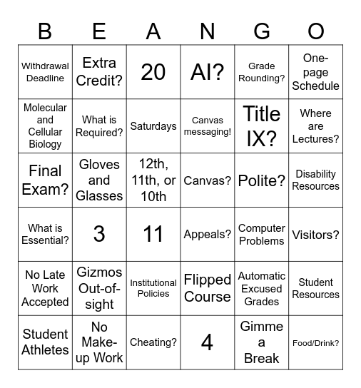 Syllabus Beango! Bingo Card