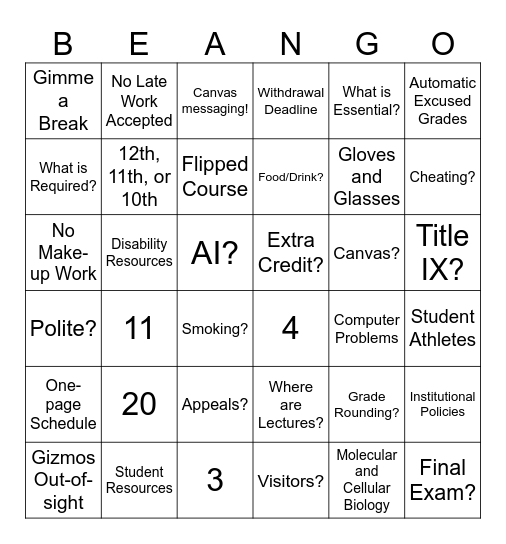 Syllabus Beango! Bingo Card