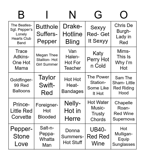 Radio Bingo "Red" "Hot" "Chili" "Peppers" Bingo Card