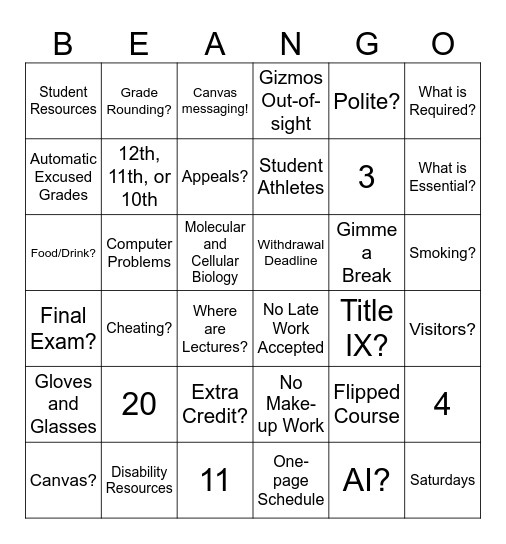 Syllabus Beango! Bingo Card
