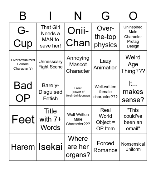 Anime Bingo Card
