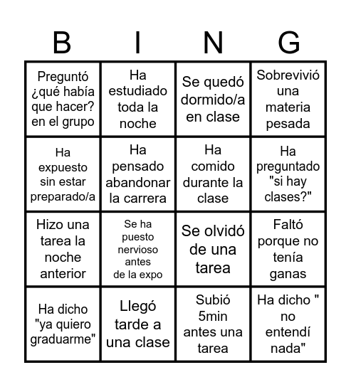 Bingo Universitario Bingo Card