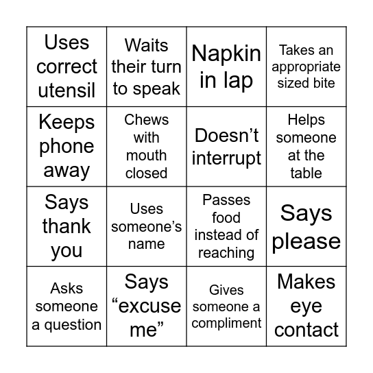 Etiquette Bingo Card