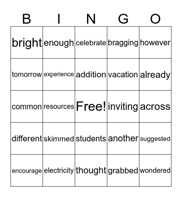 Second Grade--Syllable Words-Set 1 Bingo Card