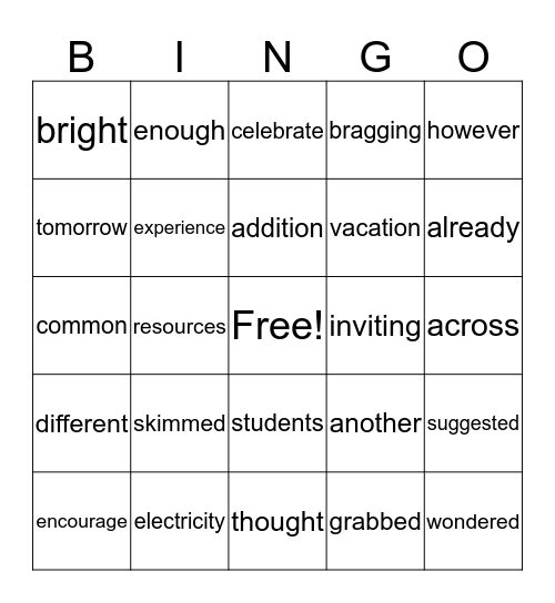 Second Grade--Syllable Words-Set 1 Bingo Card