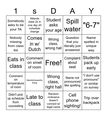 1st Day of School Bingo Card