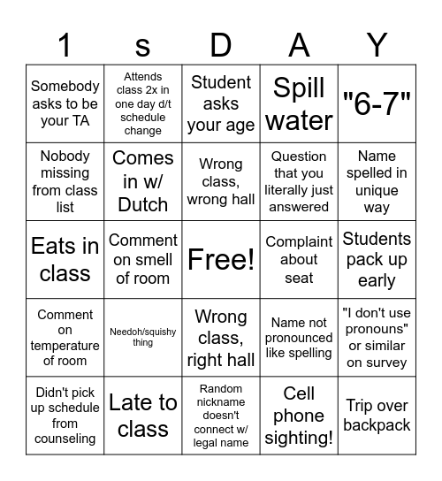 1st Day of School Bingo Card