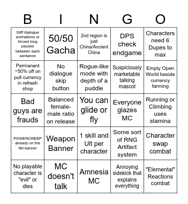 Open World Gacha Bingo Card