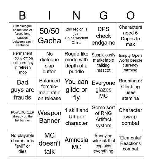 Open World Gacha Bingo Card