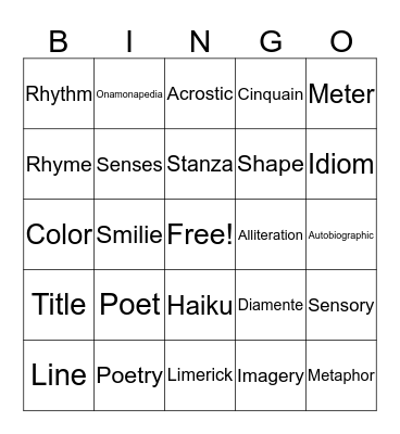 Poems Bingo Card