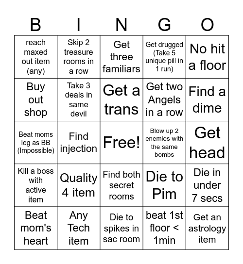Issac bingo Card