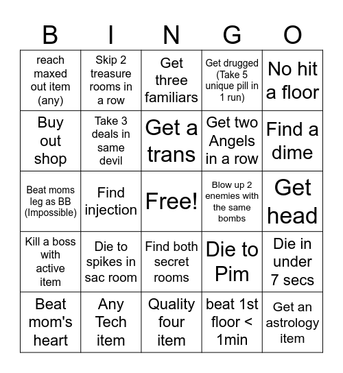 Issac bingo Card