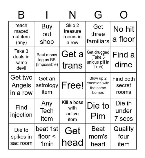Issac bingo Card