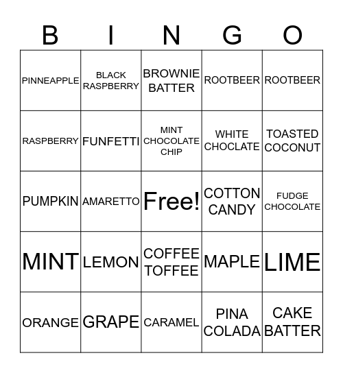 ICE CREAM FLAVORS Bingo Card