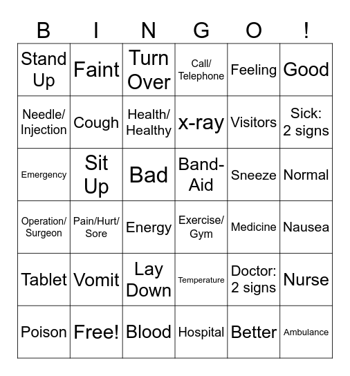 Auslan: Medical & Health Signs - Bingo!! Bingo Card