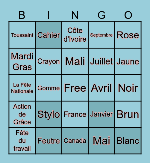 BINGO mais en français! Bingo Card