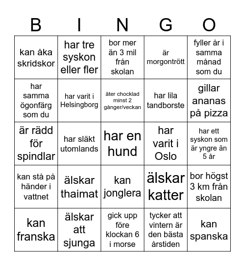 Lära känna bingo Card