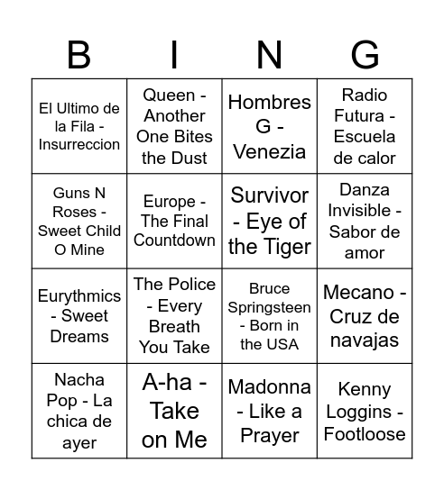 BINGO MUSICAL AÑOS 80 Bingo Card