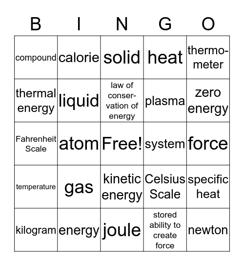 Chapter 3 Physical Science Bingo Card