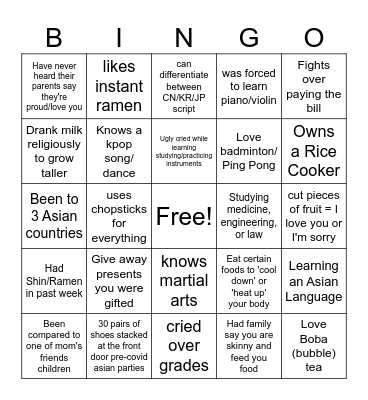 How Asian you are Bingo Card