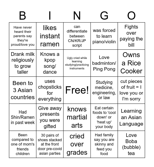 How Asian you are Bingo Card