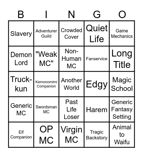 Isekai Bingo Card