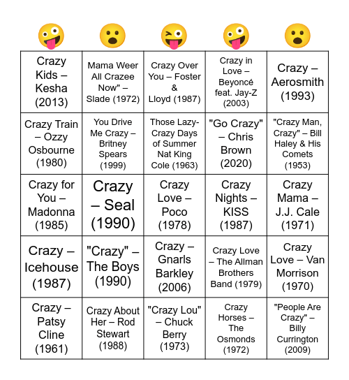 "CRAZY" IN THE TITLE Bingo Card