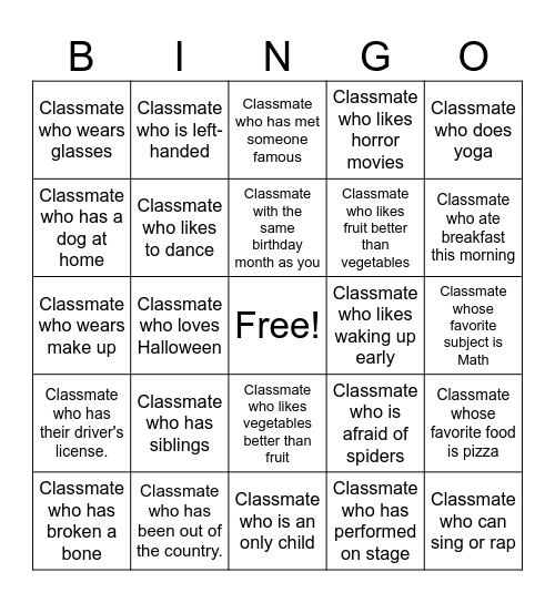 Classmate Bingo Card