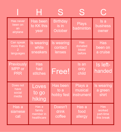 Find A Friend (IHSSC edition) Bingo Card