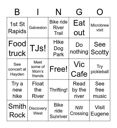 Emma’s Trip to Bend Bingo Card