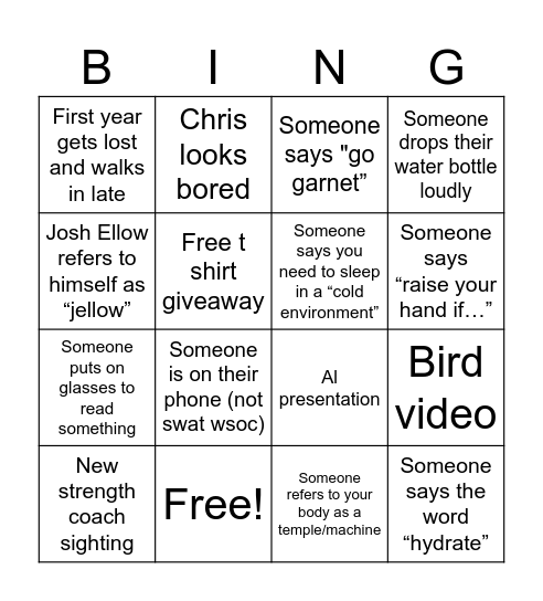 Orientation bingo Card