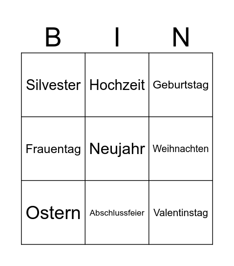 Glückwünsche Ausdrücken Bingo Card